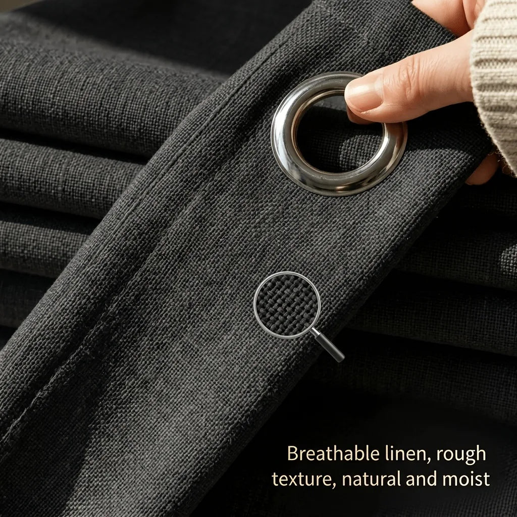 4pcs Set of 100% Blackout Linen Textured Curtains for Bedroom, Sound Reduction and Heat Thermal Insulation, High‑Quality Soft Fabric Window Curtains, Durable Metal Ring Grommet Top Design, Full Light Blocking Drapes, Luxury