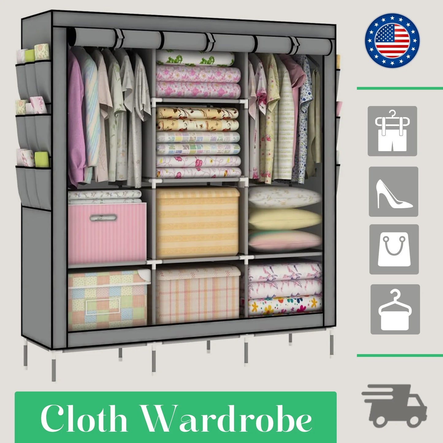 Closet Wardrobe Organizer Storage Rack Portable Clothes Shoe Clothing Shelf Dustproof Non-woven Fabric Quick and Easy to Assembl