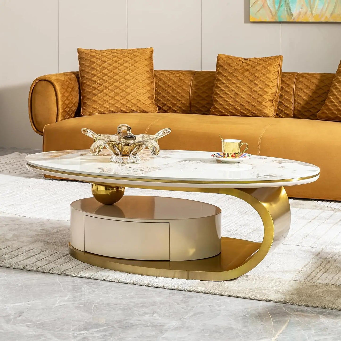 Modern Coffee Table with Silver Stainless Steel Pedestal Oval Living Room Table with Faux Marble Top & Luxury
