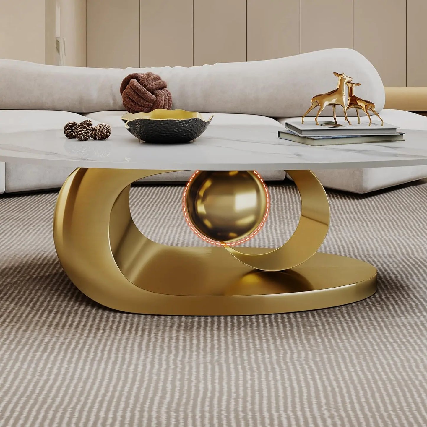 Modern Coffee Table with Silver Stainless Steel Pedestal Oval Living Room Table with Faux Marble Top & Luxury