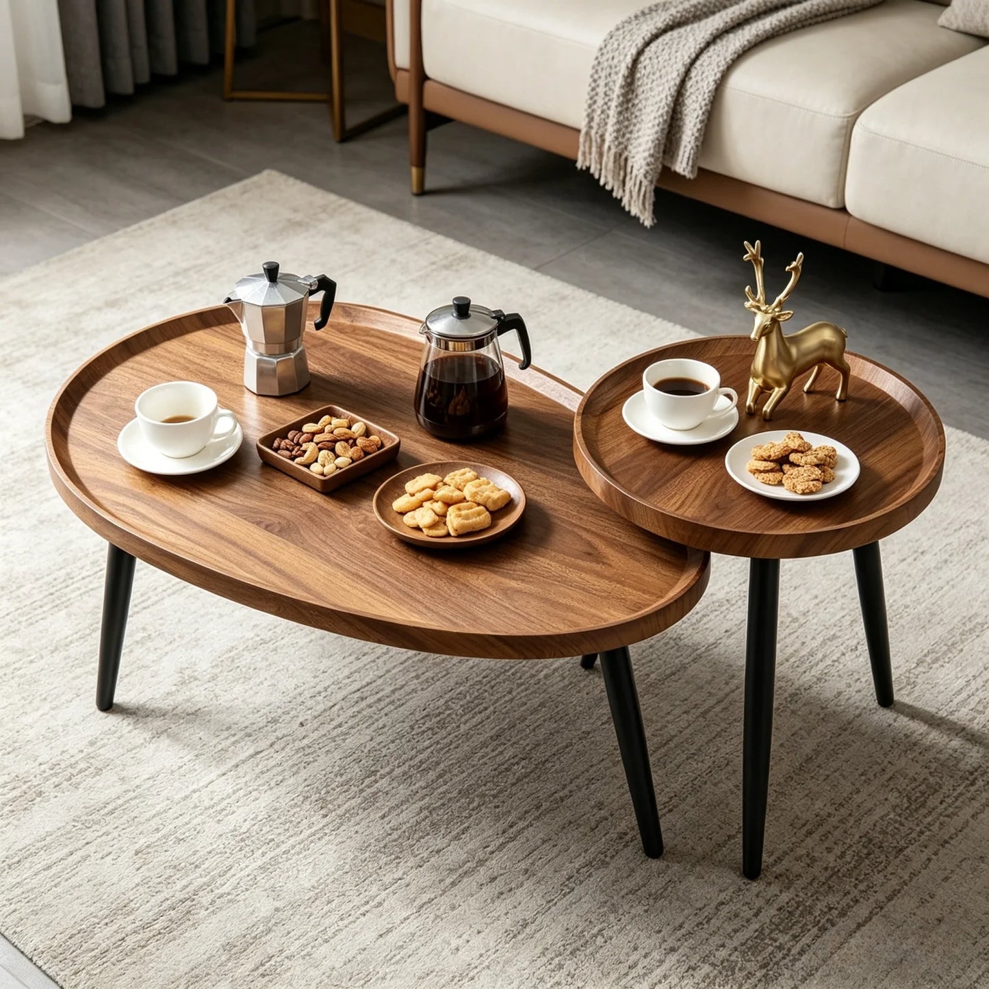 Set of 2 Mid-Century Coffee Table, Solid Wood, Drop Shape, Nesting Tables, Accent Ottoman Table, Living Room Office