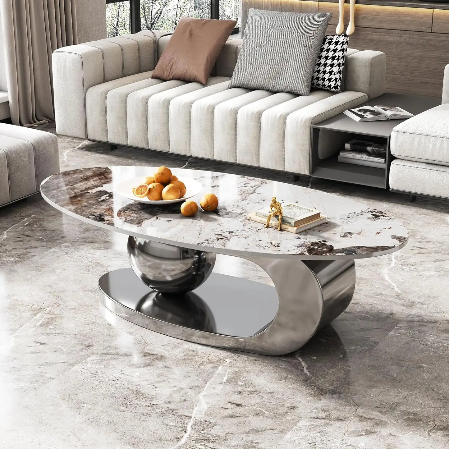 Modern Coffee Table with Silver Stainless Steel Pedestal Oval Living Room Table with Faux Marble Top & Luxury