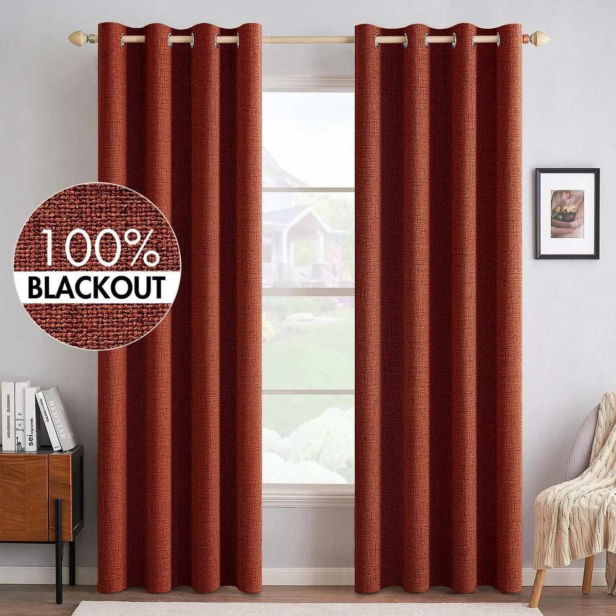 4pcs Set of 100% Blackout Linen Textured Curtains for Bedroom, Sound Reduction and Heat Thermal Insulation, High‑Quality Soft Fabric Window Curtains, Durable Metal Ring Grommet Top Design, Full Light Blocking Drapes, Luxury